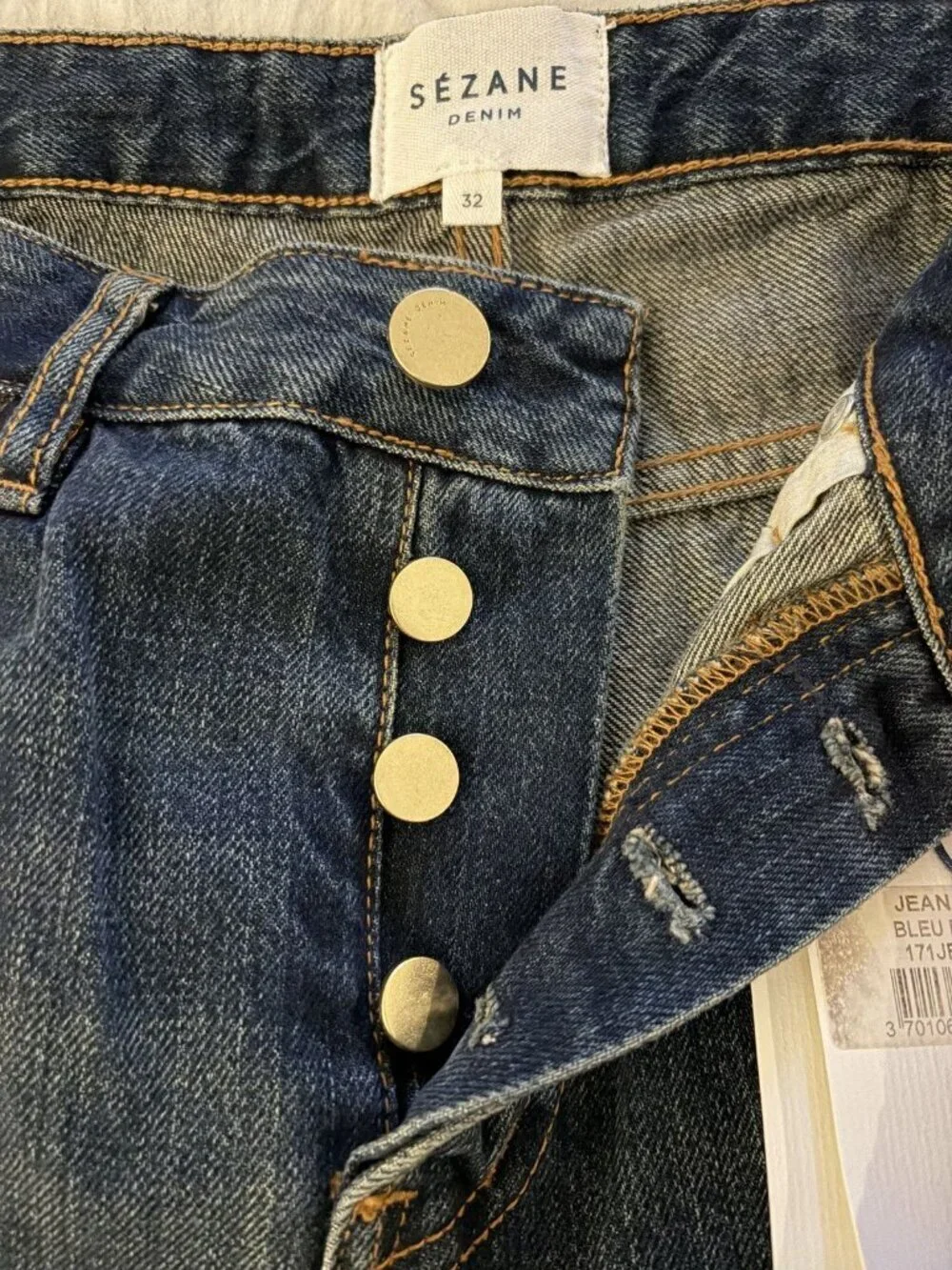 Sezane Button Fly High Waist Raw Hem Women’s Blue Jeans Denim Size 32 NWT
